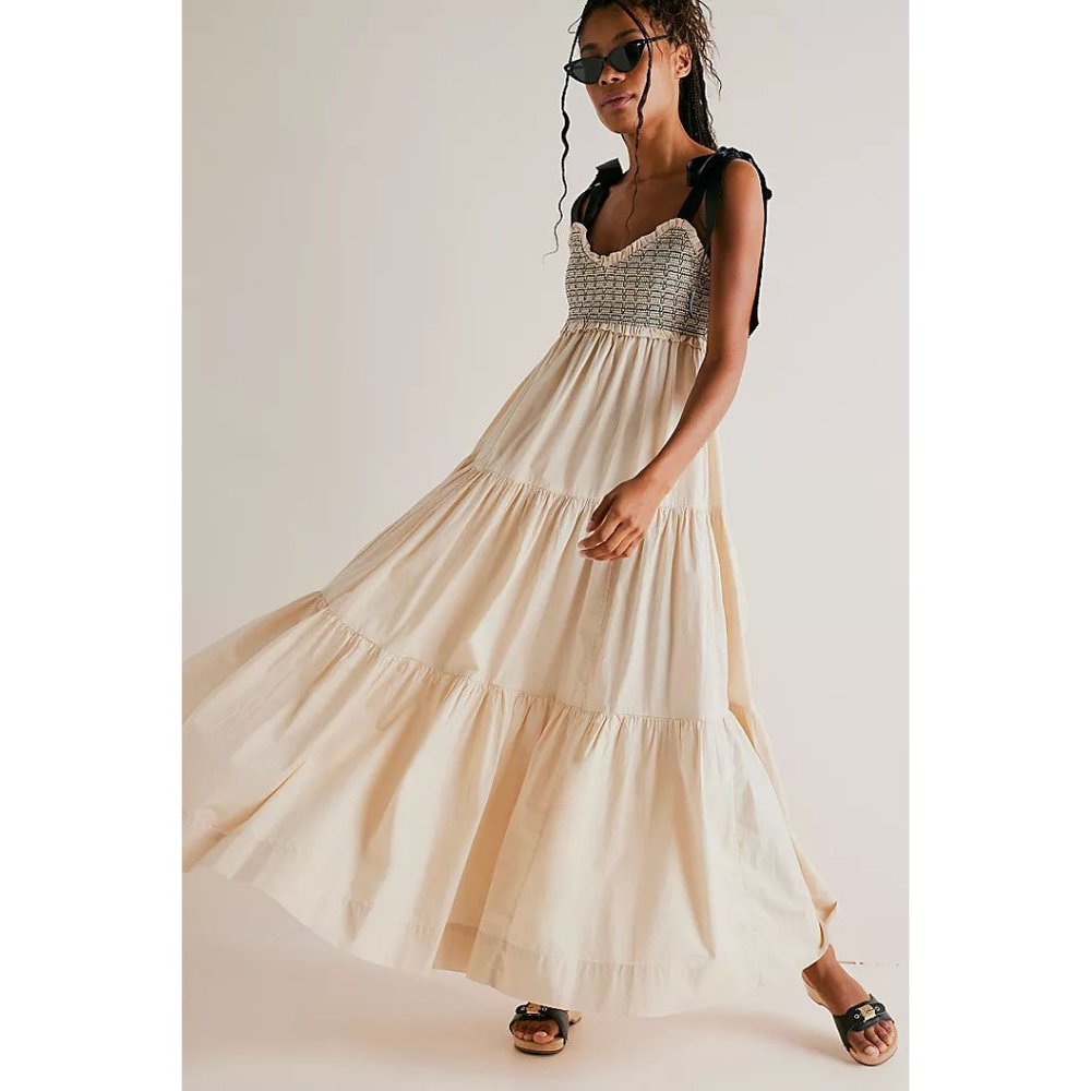 Free People Cream Maxi Dress with Smocked Bodice and Black Tie Straps